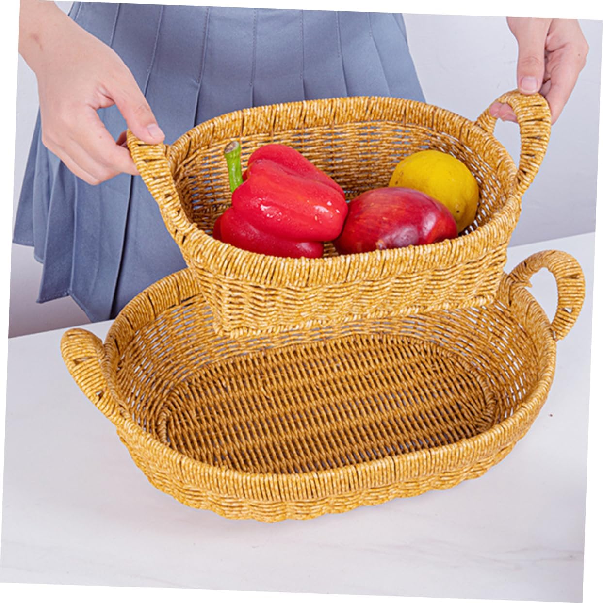 STOBAZA Plastic Imitation Rattan Woven Basket Large Capacity Bread Fruit Serving Tray