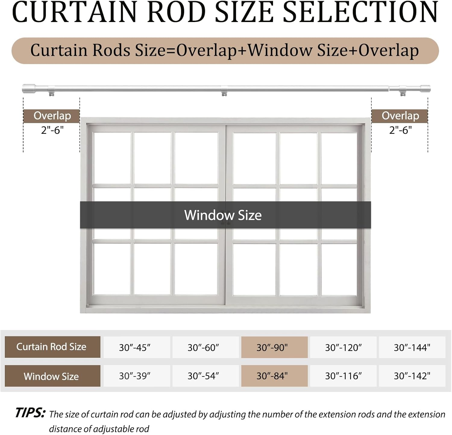 1β diameter silver curtain rods for windows, 2 pack 30-90 inch heavy duty window rods, long adjustable curtain rod, fits most standard windows, suitable for bedroom, living room, farmhouse silver 30-90"/2 pack