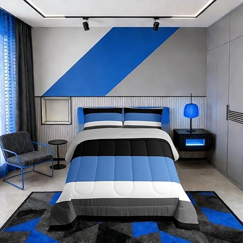 Miniatura 15 de Erosebridal - Juego de edredón con rayas rojas y negras tamaño Queen, juego de ropa de cama con diseño geométrico y estampado de patchwork en blanco