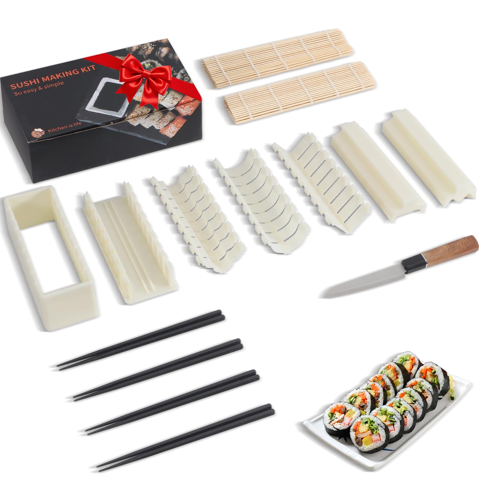 MLRYH Sushi Maker Set, 14-tlg. Sushi-Kit für Anfänger mit Rolle, Schneideform, Messer, Matten und Stäbchen (White)