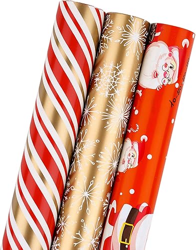 MAYPLUSS - Rollo de papel de regalo, minirollo, 17.3pulgadas x 120pulgadas por rollo, 3 diferentes diseños navideños a rayas rojo y dorado (43.2pies