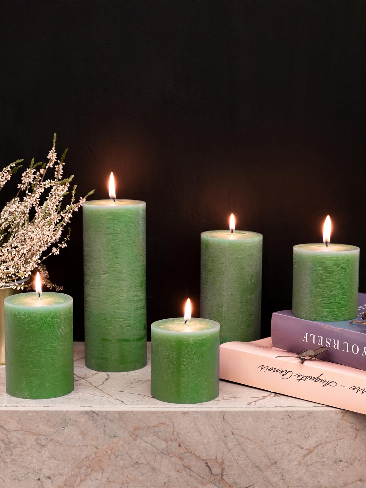 CANDWAX Zestaw 3 świec kolumnowych 10 cm, w pełni kolorowe, bez kapania i bezzapachowych świec - duże świece do wnętrza domu, zielone świece