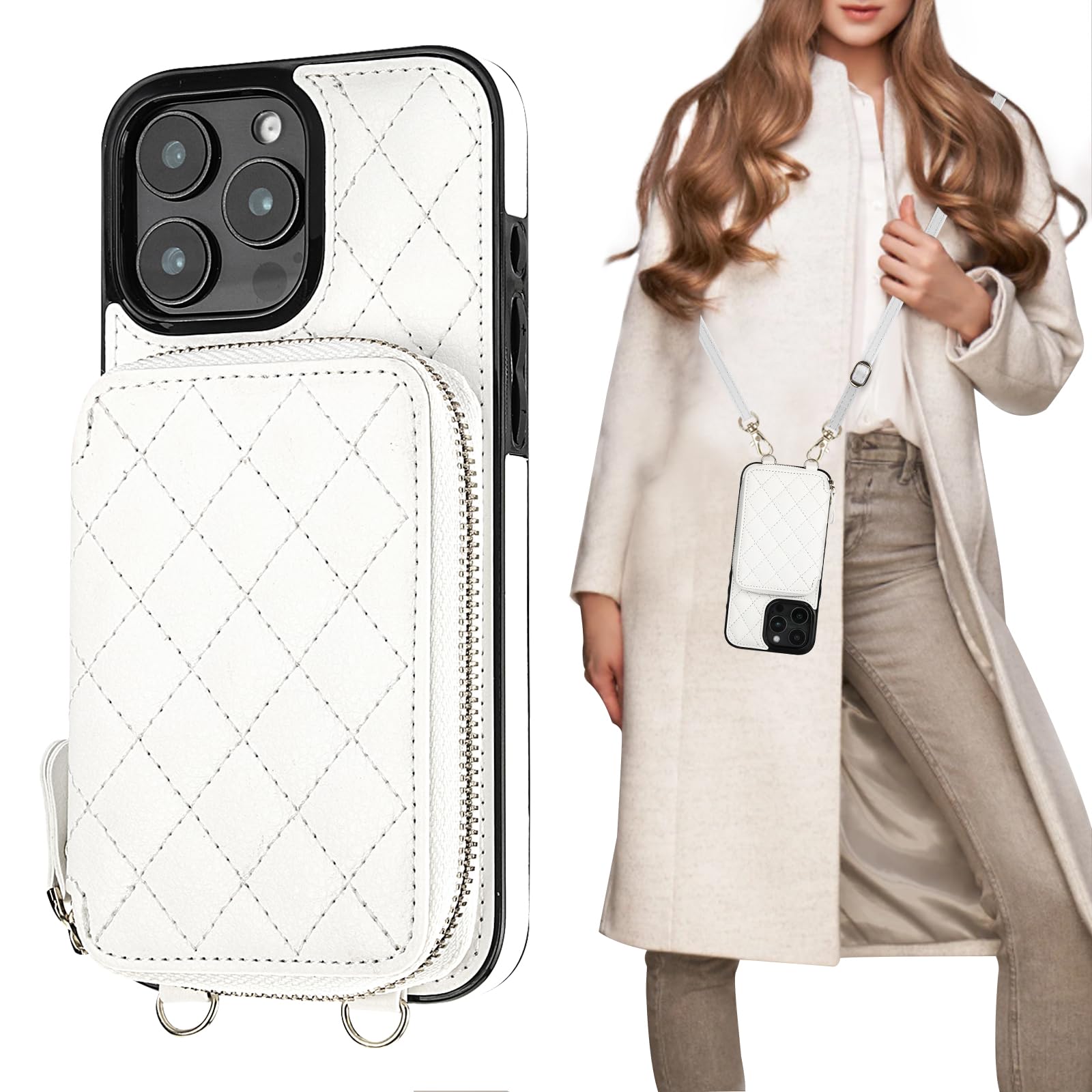 Bocasal Crossbody Wallet Case for iPhone 16 Pro Max, RFID Blocking PU Leather Zipper Handbag Purse Flip Cover, Kickstand Folio Case with Card Slots Holder Wrist Strap Lanyard 5G 6.9 Inch (White)