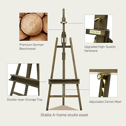 Miniatura 3 de ATWORTH Caballete de arte de estudio, caballete de madera de haya maciza para artista, sostiene lienzo de hasta 48 pulgadas, soporte ajustable con