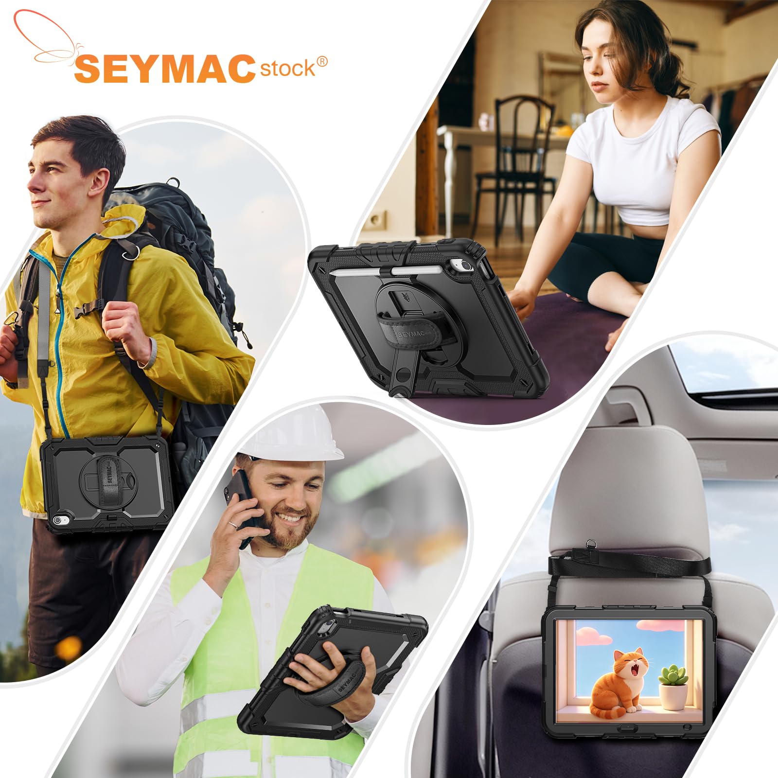 SEYMAC stock Coque pour iPad (A16) 11ème/10ème Génération 11/10,9 Pouces 2025/2022, Coque Antichoc avec Protecteur D'écran, Support Rotatif à 360°/Dragonne, Porte-Crayon et Bandoulière, Noir