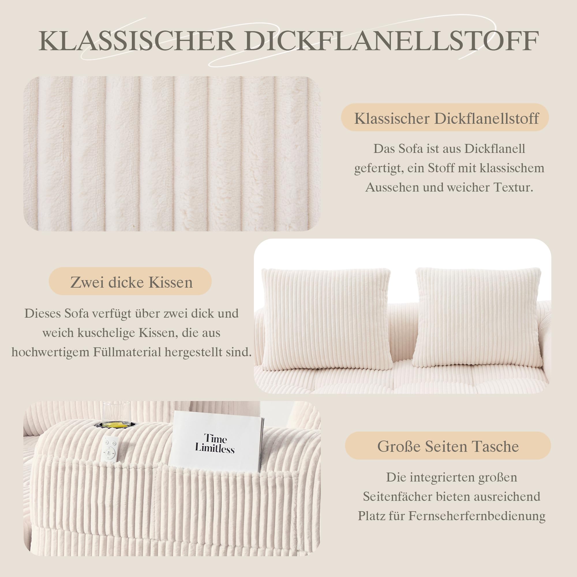 Zweisitzer Cord Sofa mit Getränkehalter & Seitentasche, Modulares Polstersofa inkl. 2 Kissen, Kompakte Stoffcouch für Wohnzimmer & Arbeitszimmer, Beige