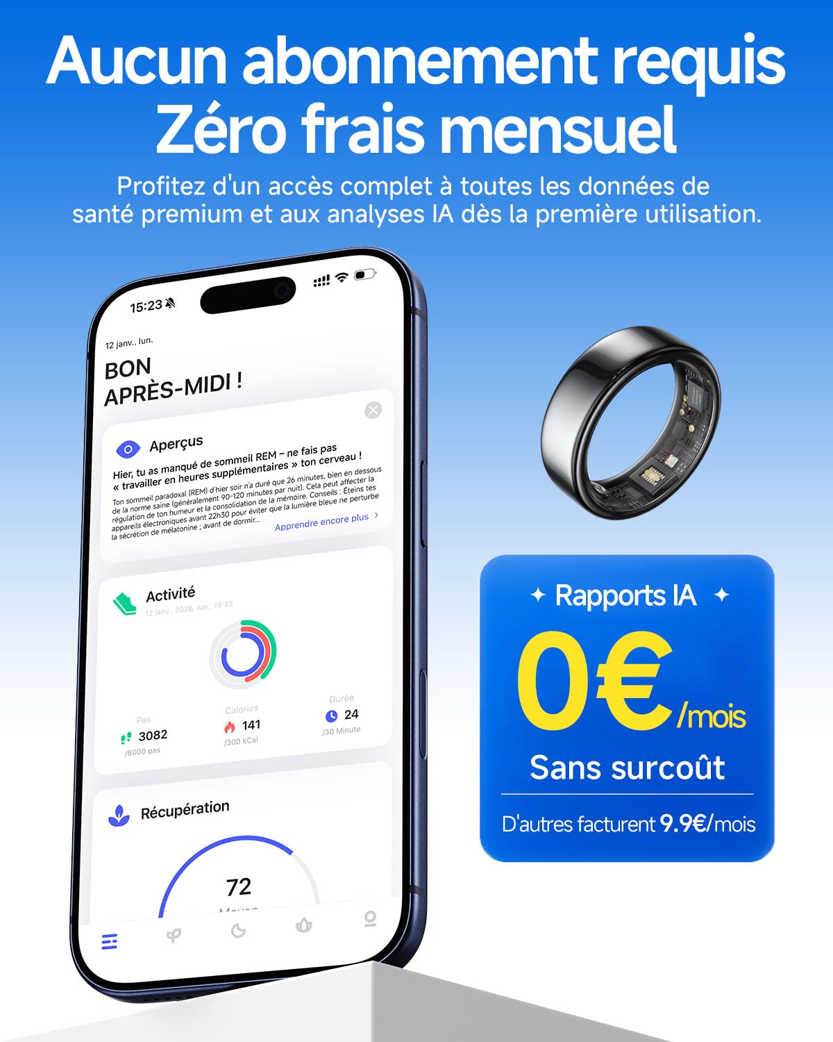 HOU Bague Connectée Homme Femme, Smart Ring sans Abonnement, Anneau de Santé IA avec Suivi du Sommeil, Fréquence Cardiaque, SpO2 & Stress, Étanche 5ATM, iOS/Android (Céramique Noire, Taille US 12)