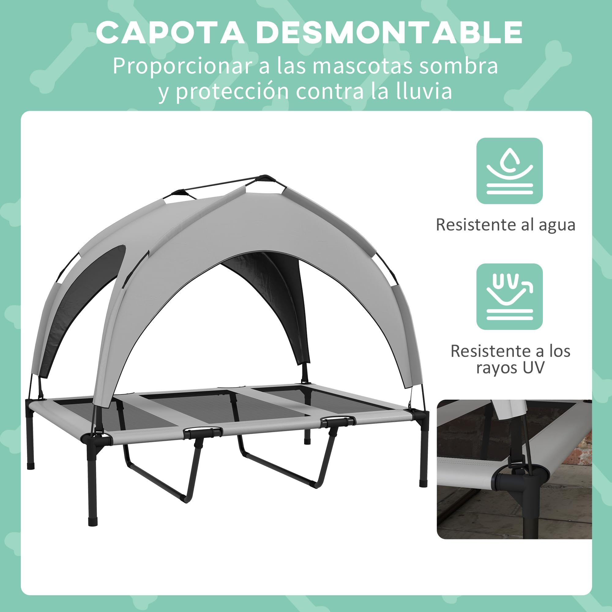 PawHut Cama para Perros Elevada con Toldo 106x76x94 cm Gris Claro | Cama para Perros Grandes, Refrescante y Transpirable, Marco de Acero, Bolsa de Transporte, para Interior y Exterior
