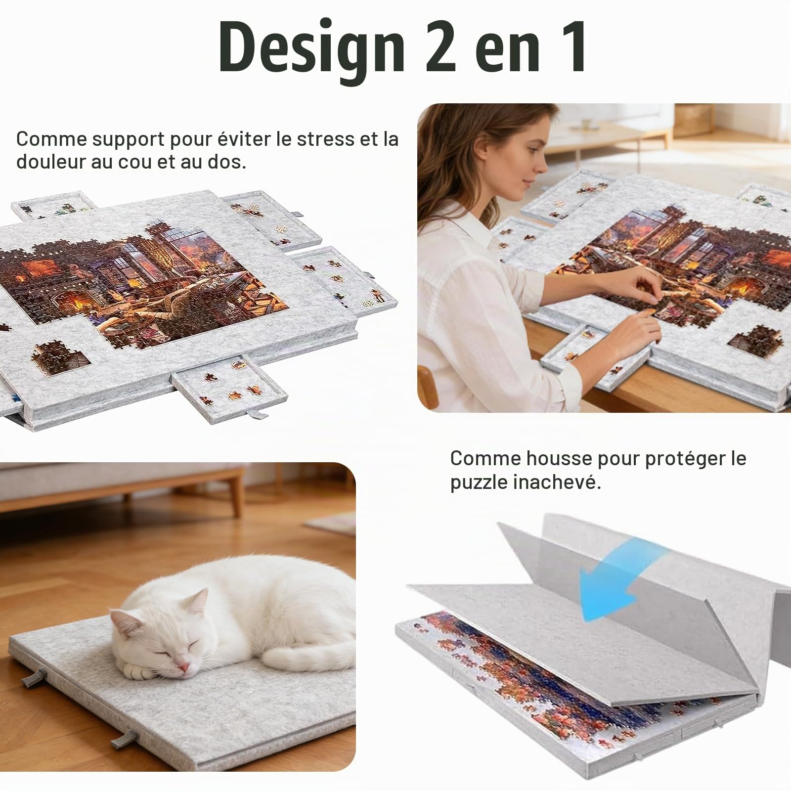 Table puzzle inclinable avec support et couvercle 2 en 1, planche à puzzle portable avec 6 tiroirs, rangement pliable pour adultes et enfants, convient pour jusqu'à 1000 pièces (gris)