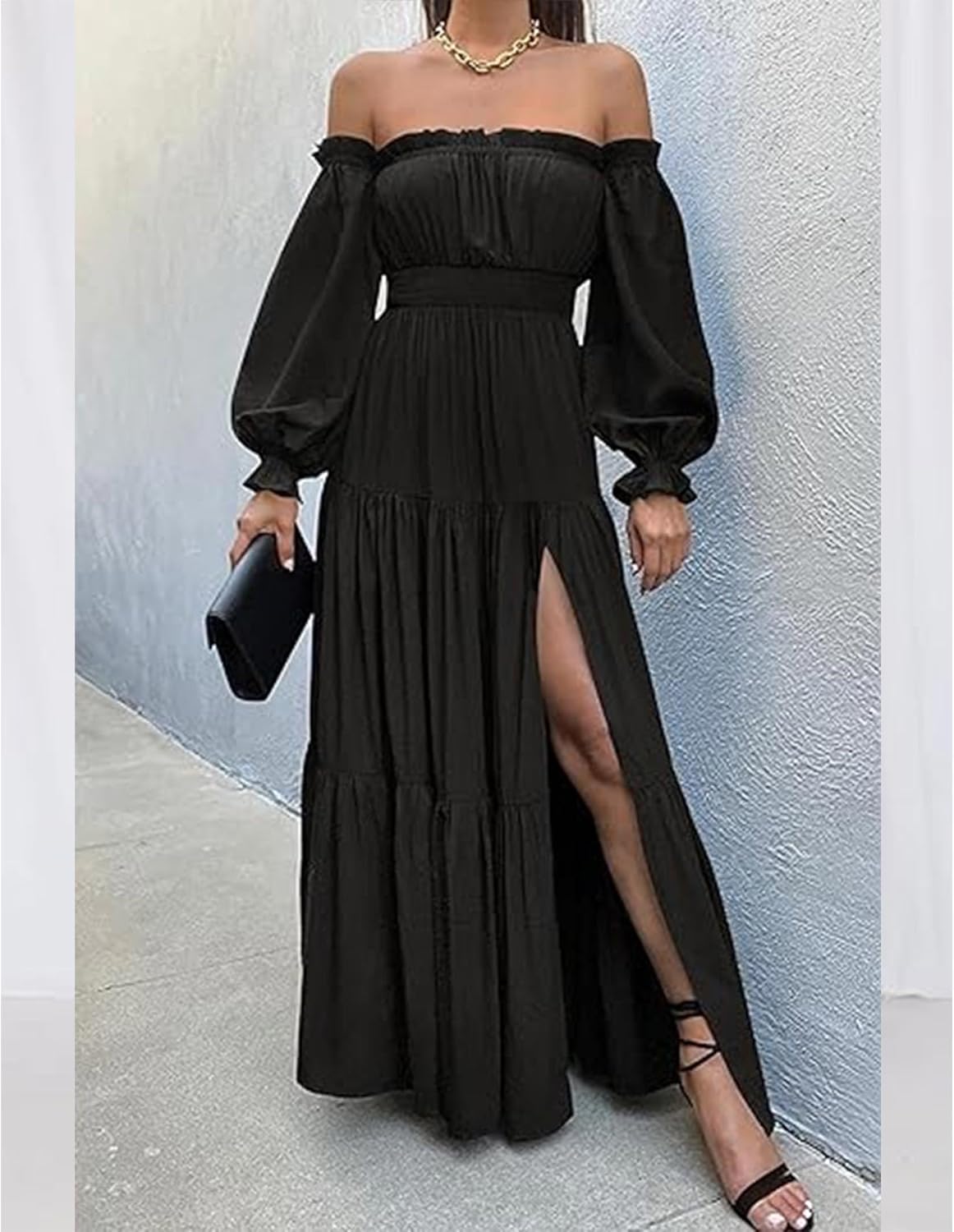 ECDAHICC Women's Boho Sexy Off Shoulder Long Sleeve Maxi Dress High Waist Side Split A Line Tiered Long Dresses - Image 3