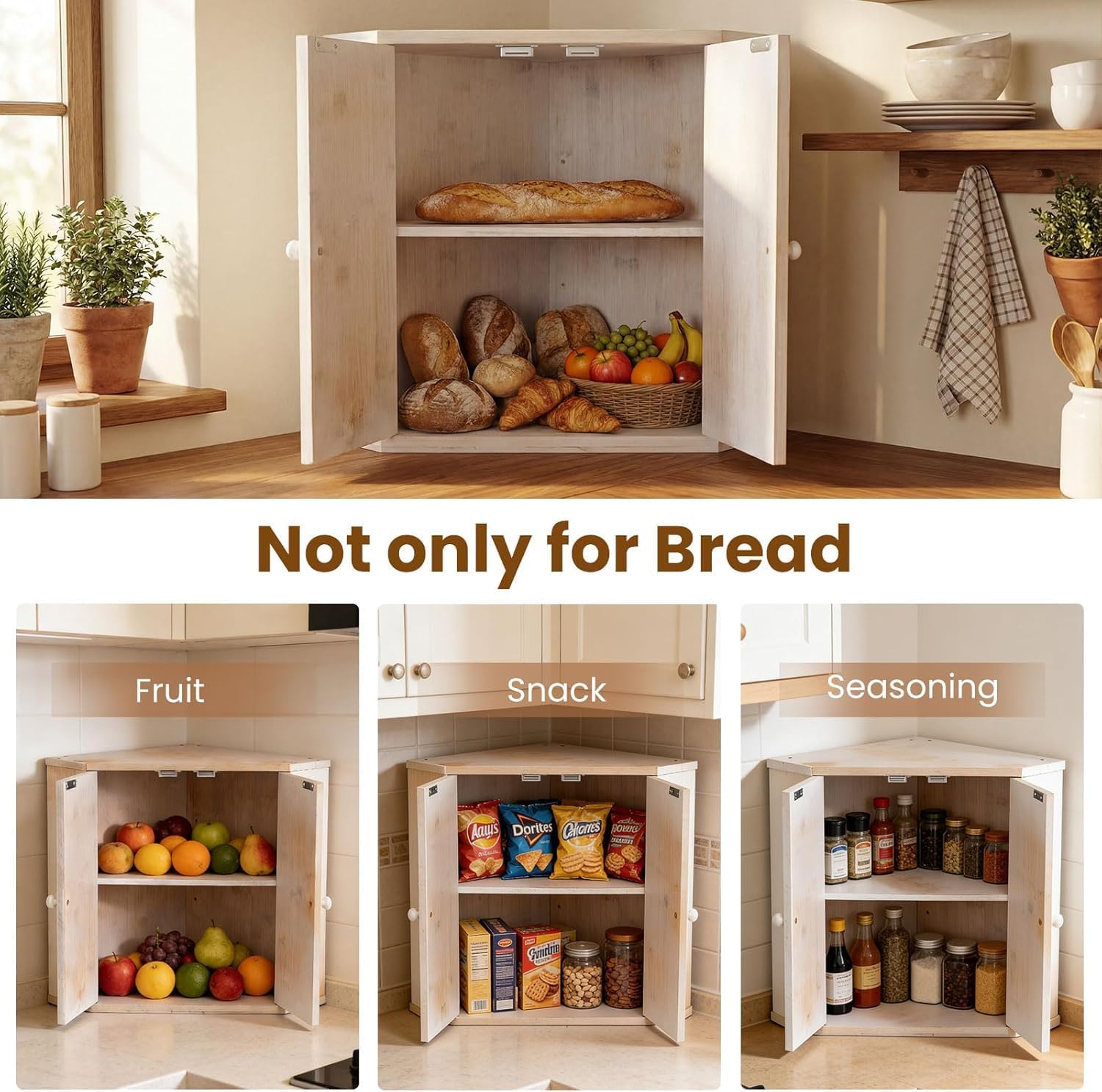 Giantex Corner Bread Box for Kitchen Countertop, Bamboo Wood Storage Bin with 2-Tier Pantry Shelves, Farmhouse Countertop Breadbox with Storage Organizer Cabinet for Bread Snacks (Farmhouse)