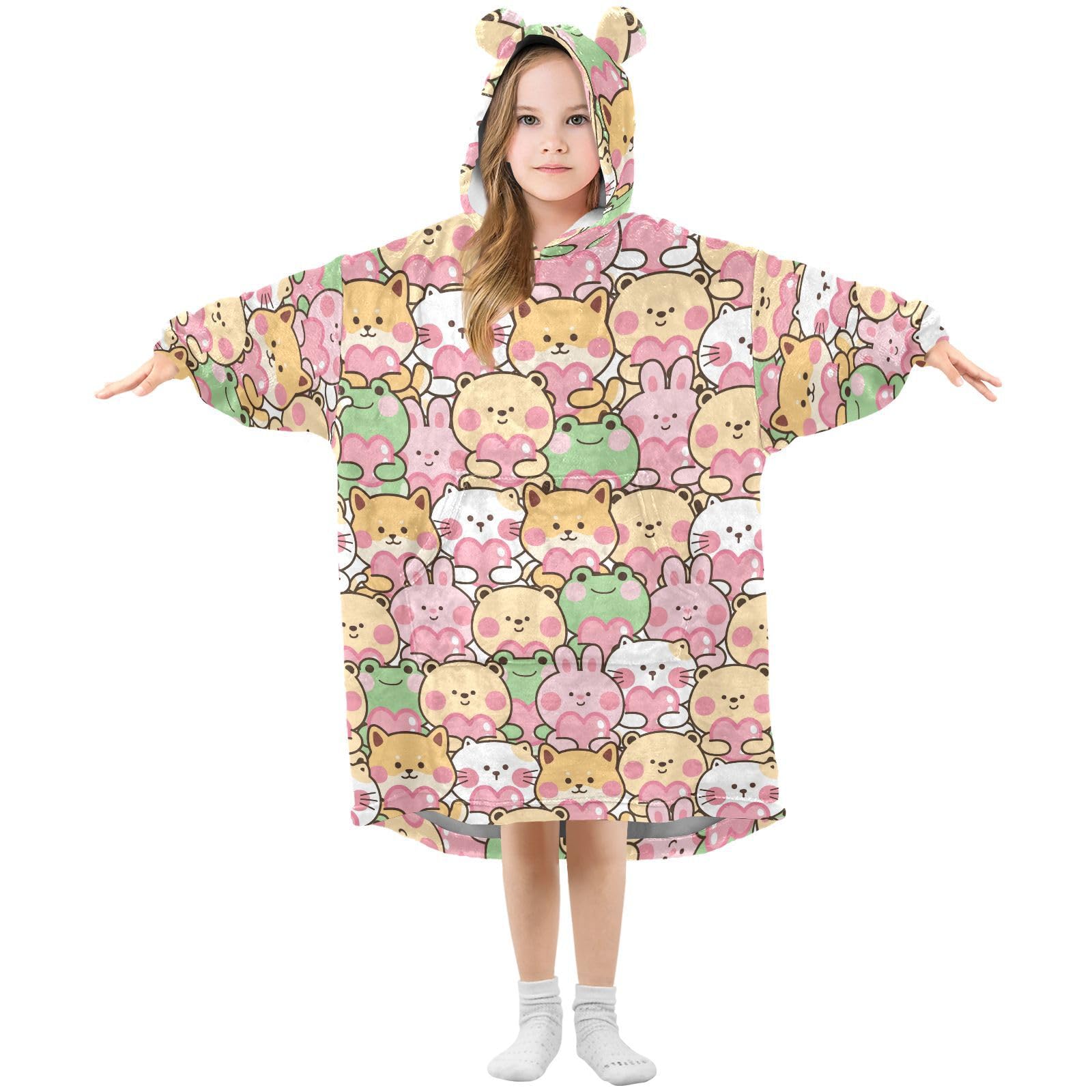 Oversized Blanket Hoodie for Kids Adult Girls Boys, Fleece Hoodie Blanket Kawaii Rabbit Cat Dog Frog Super Warm Plush Wearable Blanket Hoodie Sweatshirt with Roomy Pocket, Small