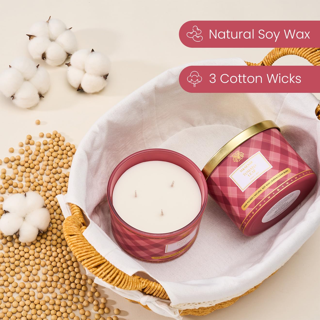 M&SENSE Plaid Pattern 3 Wick Soy Candles,11.64 oz Large Tomato Leaf Scent Candle for Relaxation, Gifting, Home Décor | for Bedroom, Office, Party