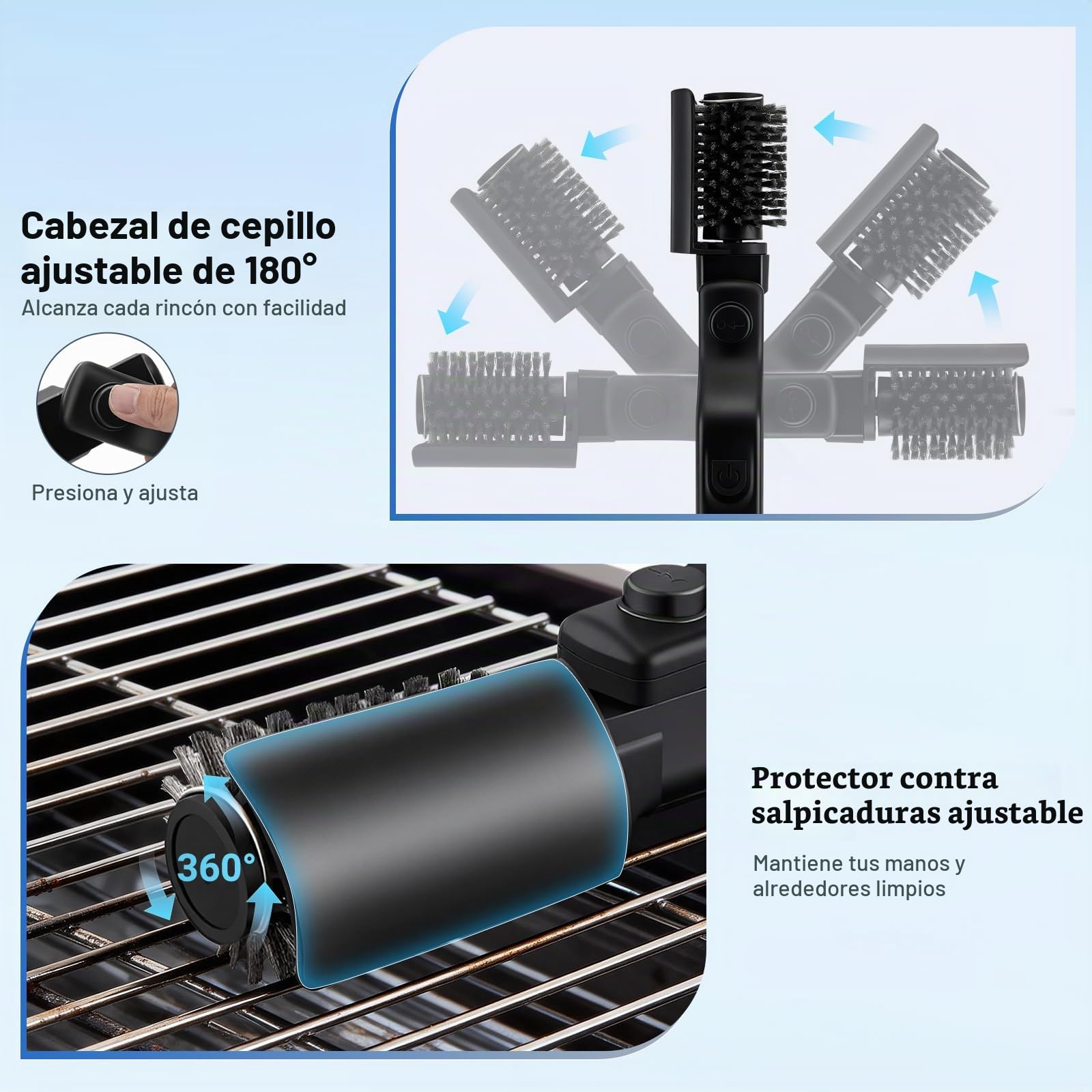 Cepillo Eléctrico para Barbacoa, Cabezal Giratorio de Acero Inoxidable, ángulo Ajustable 180°, Limpieza de 3 Velocidades, 90 Minutos de Autonomía, Limpiador para Barbacoas al Aire Libre