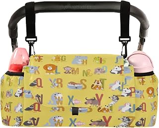 CUPADA Cartoon Animals Alphabet Universal Stroller Organizer, Yellow Background Stroller Organizer Bag with Cup Holders Removable Shoulder Strap Fits Most Baby and Pet Strollers