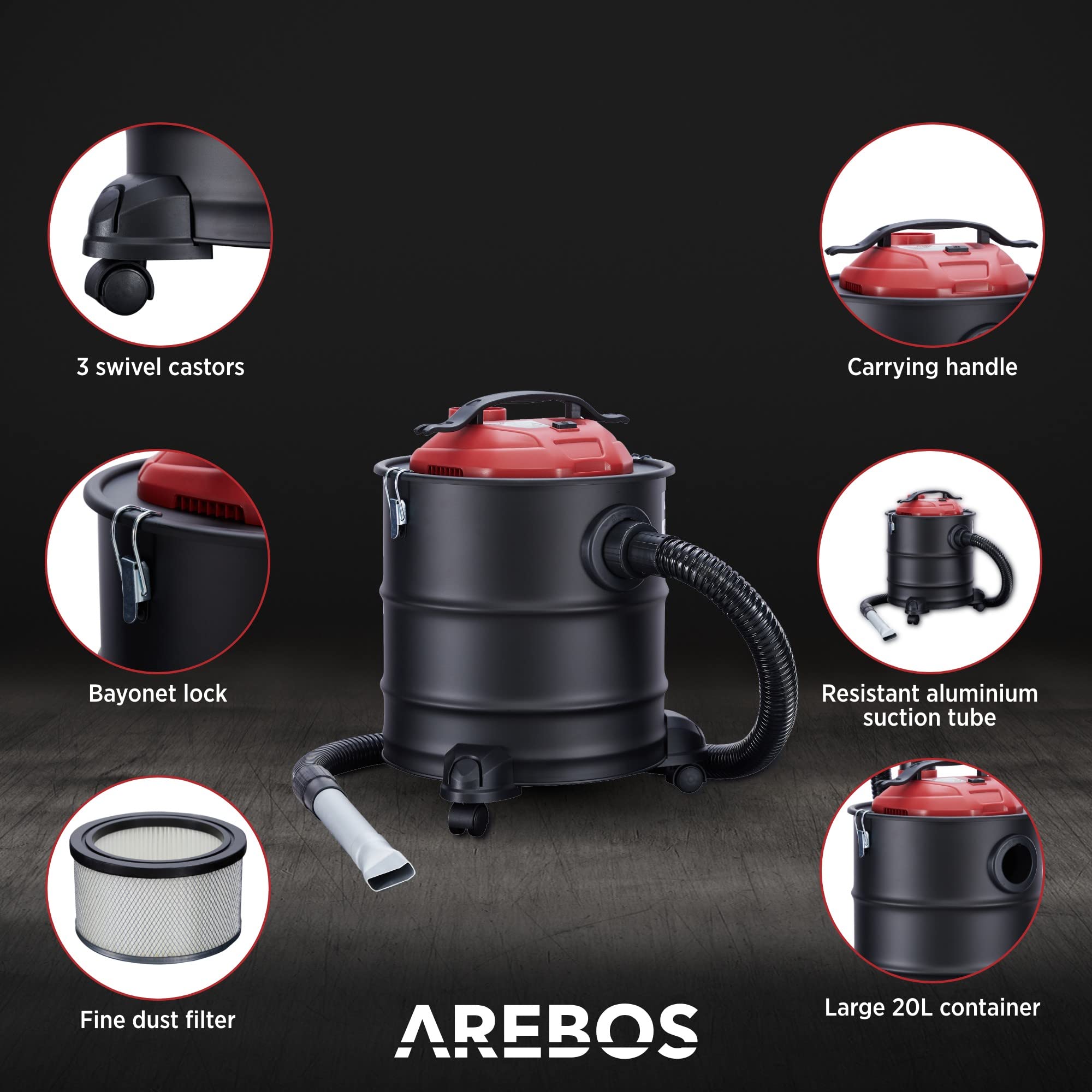 Arebos Aspirador de Cenizas 1200 W 20 L con 3 Ruedas | Filtro HEPA Incluido | Función Aspiración y Soplado | Manguera Reforzada y 2 Accesorios Metálicos | para Chimeneas, Barbacoas y Hornos