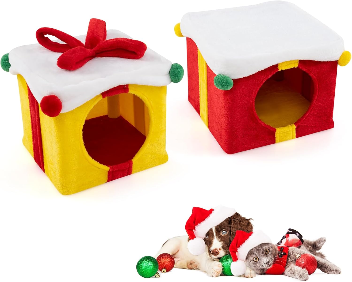 PETSITE Christmas-Themed Gift Box-Shaped Cat House, Stackable 2-Piece Indoor Cat Caves for Kittens, Colorful 2-Story Cat Hideaway Cat Bed for Indoor Cats