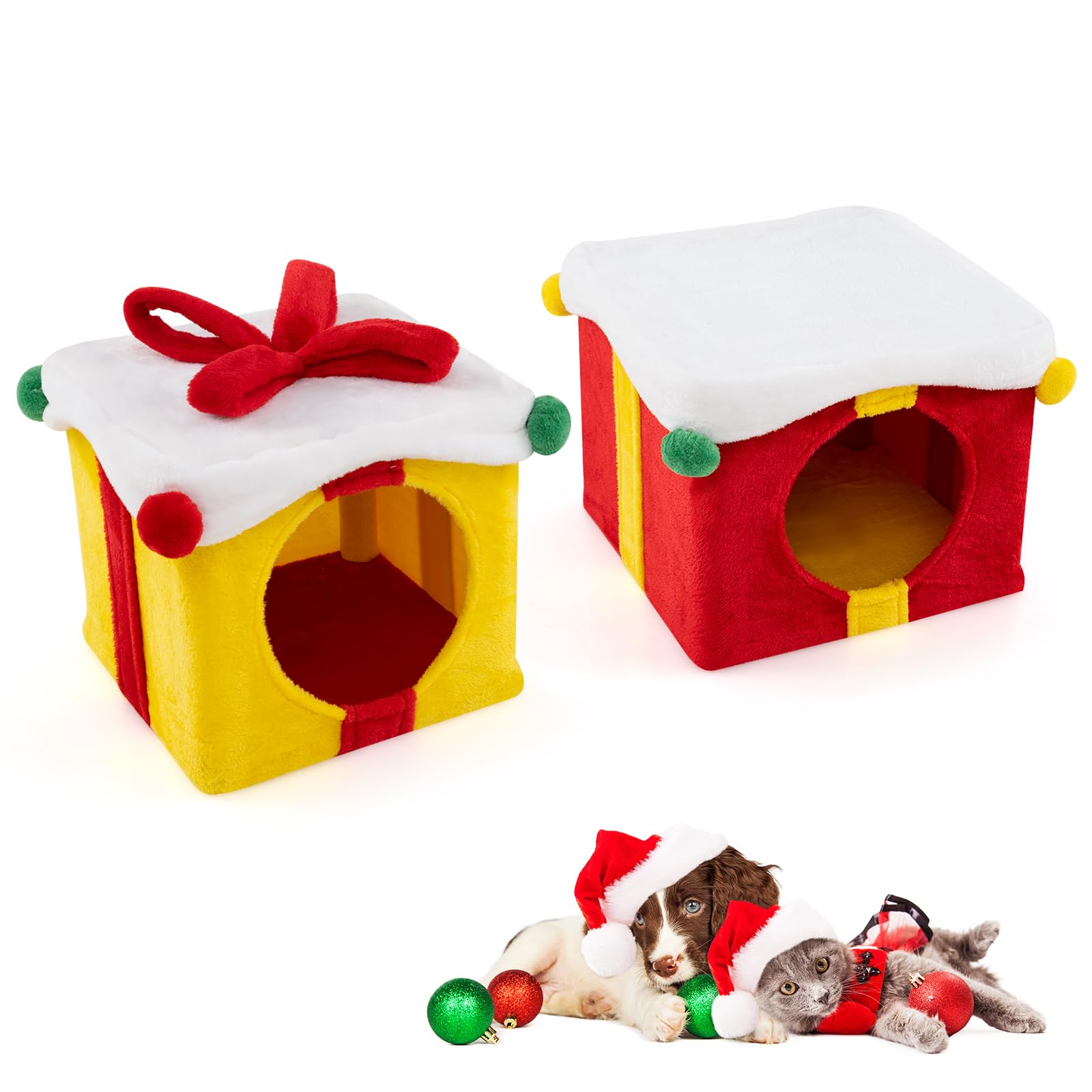 COSTWAY Set 2 Cuccia Cane Interno a 2 Piani, Tiragraffi per Gatto a Forma di Scatola di Natale in Tessuto e MDF, Lettino Gatto Interno per Inverno, Rosso e Giallo