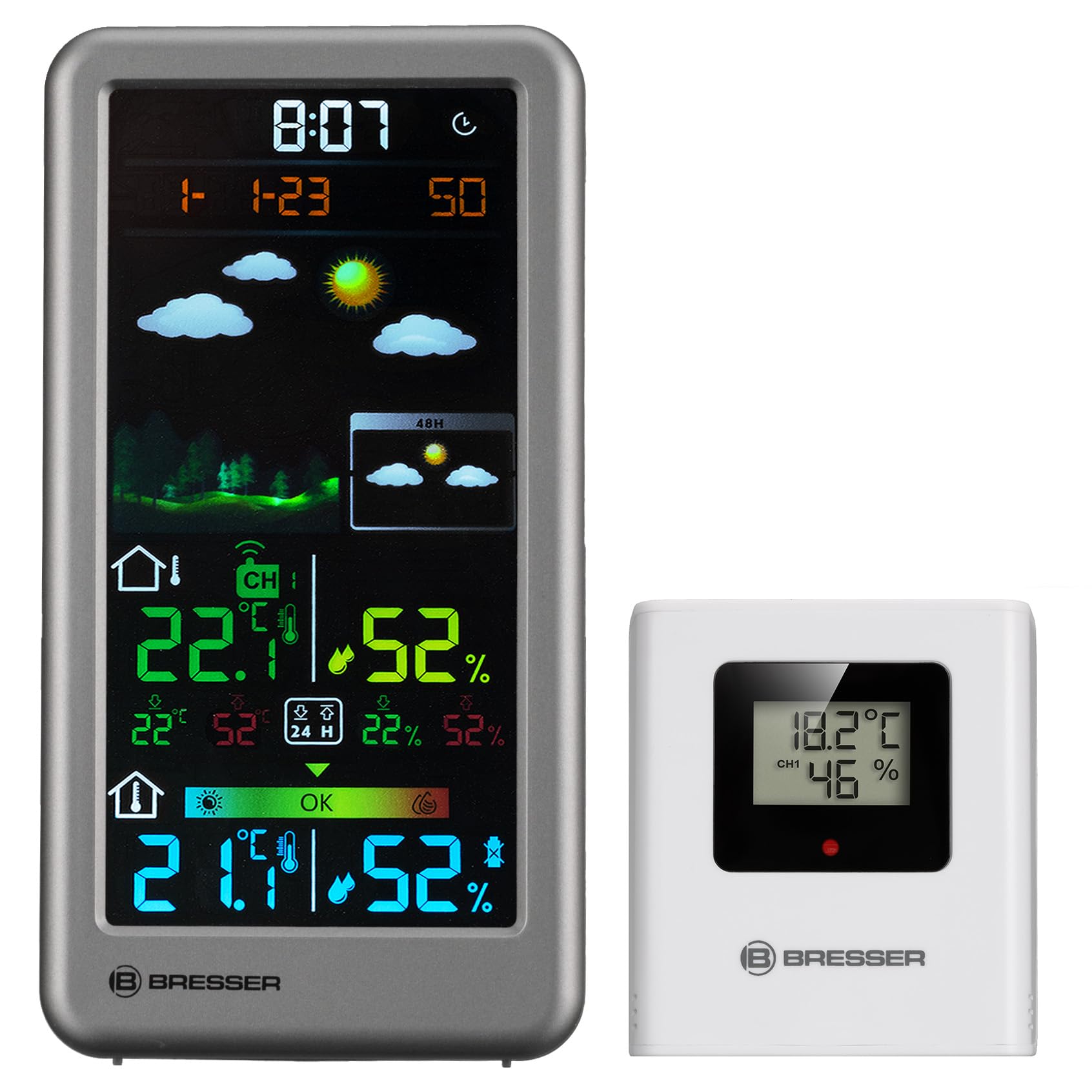 Bresser Neomeo V Stazione meteo con sensore esterno, argento | Temperatura interna ed esterna, umidità, previsioni 24 e 48 h, comfort interno, avviso gelo, orologio radio