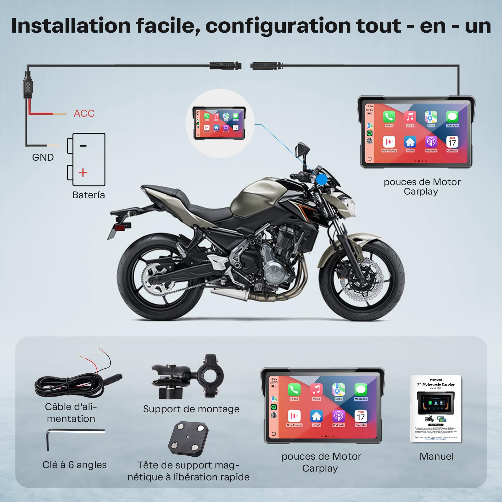 WonVon CarPlay 7 Pouces Système de Navigation GPS pour Moto avec Apple CarPlay et Android Auto écran Portable avec Double Bluetooth, Navigation, Siri, Google Assistant Support magnétique