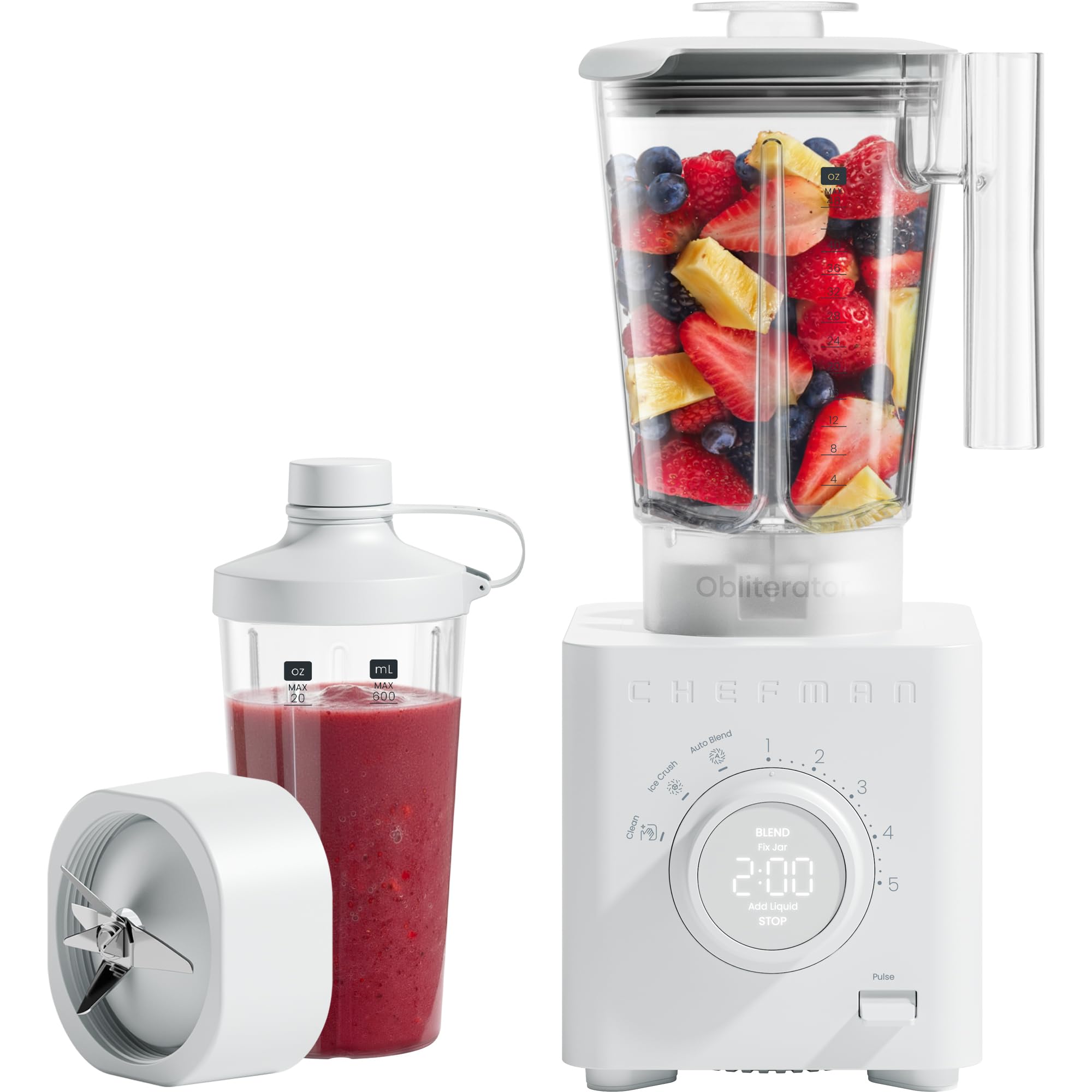 Chefman Obliterator 48 oz Countertop Blender for Smoothies, 1380W Motor to Crush Ice, Nuts, and Frozen Fruit with Stainless Steel Blade, Auto Blend Function, Includes 20 oz Travel Jar, Concrete, Power Blender + 1 Travel Jar