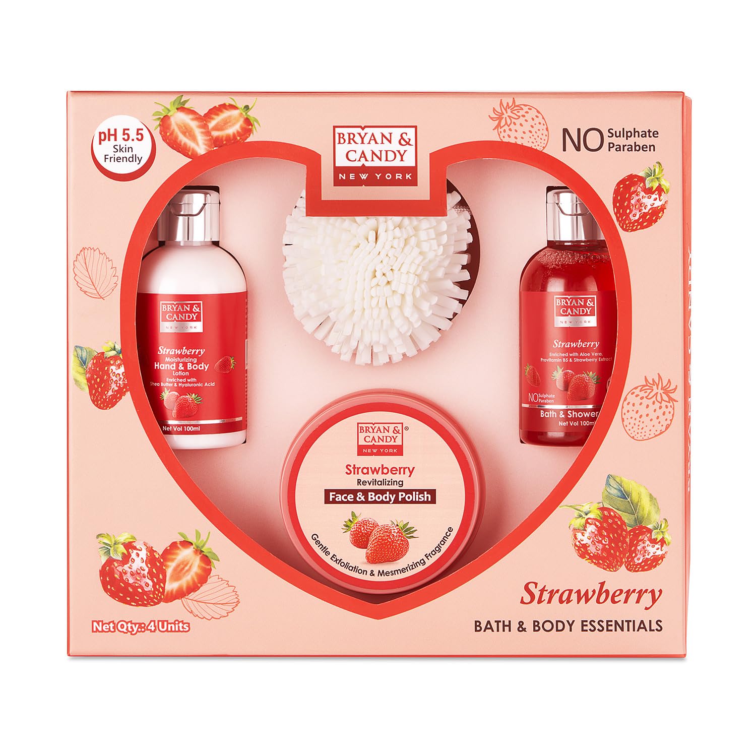 Bryan & Candy New York Strawberry Heart Combo Kit For Rakhi Gift for Brother & Sister. (Shower gel, Hand & body Lotion, Body Polish, Loofah)