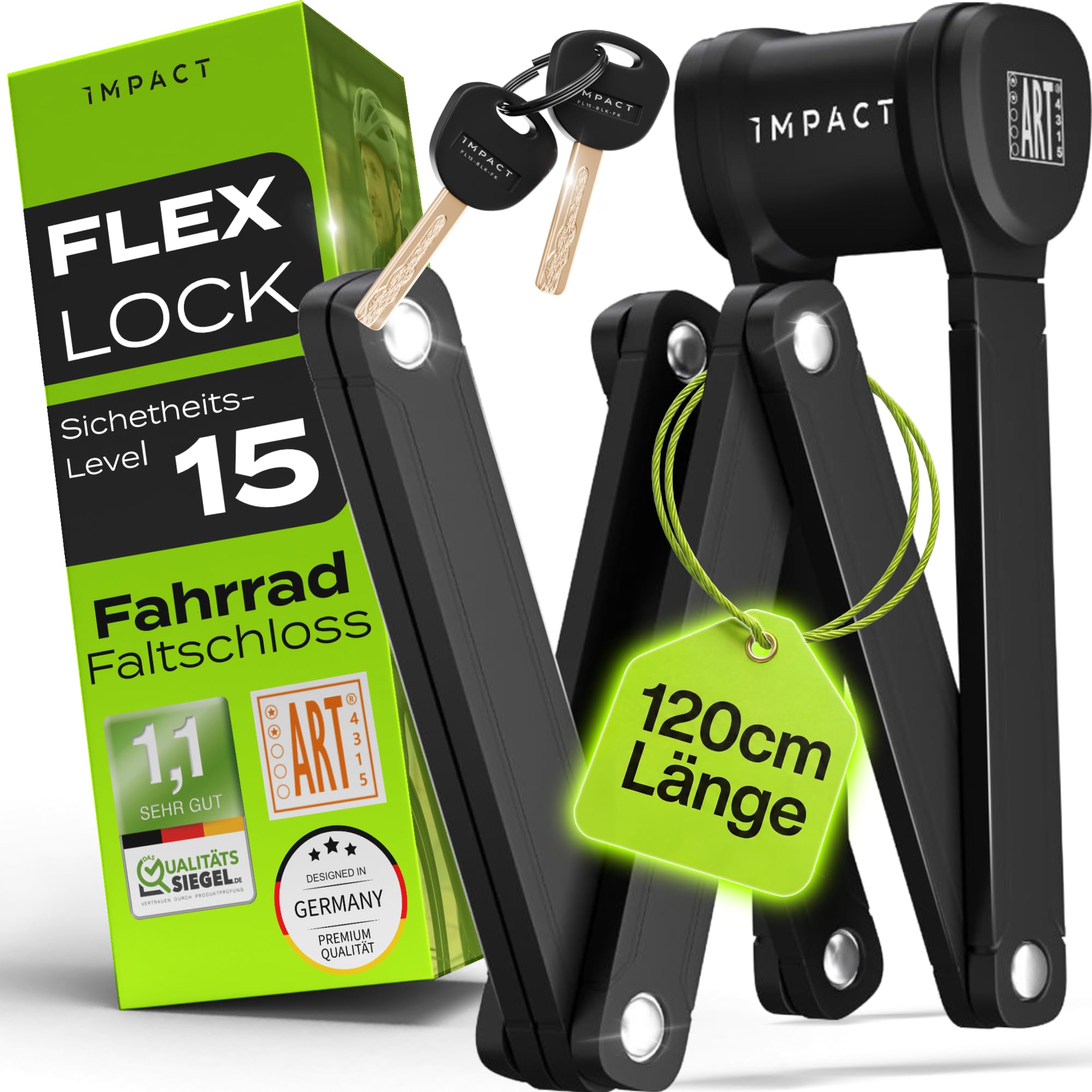 IMPACT FlexLock 15 - Candado plegable premium para bicicleta [alta seguridad] – Práctico candado para bicicleta con nivel de seguridad de 15 a 120 cm – Resistente candado para bicicleta soporta hasta