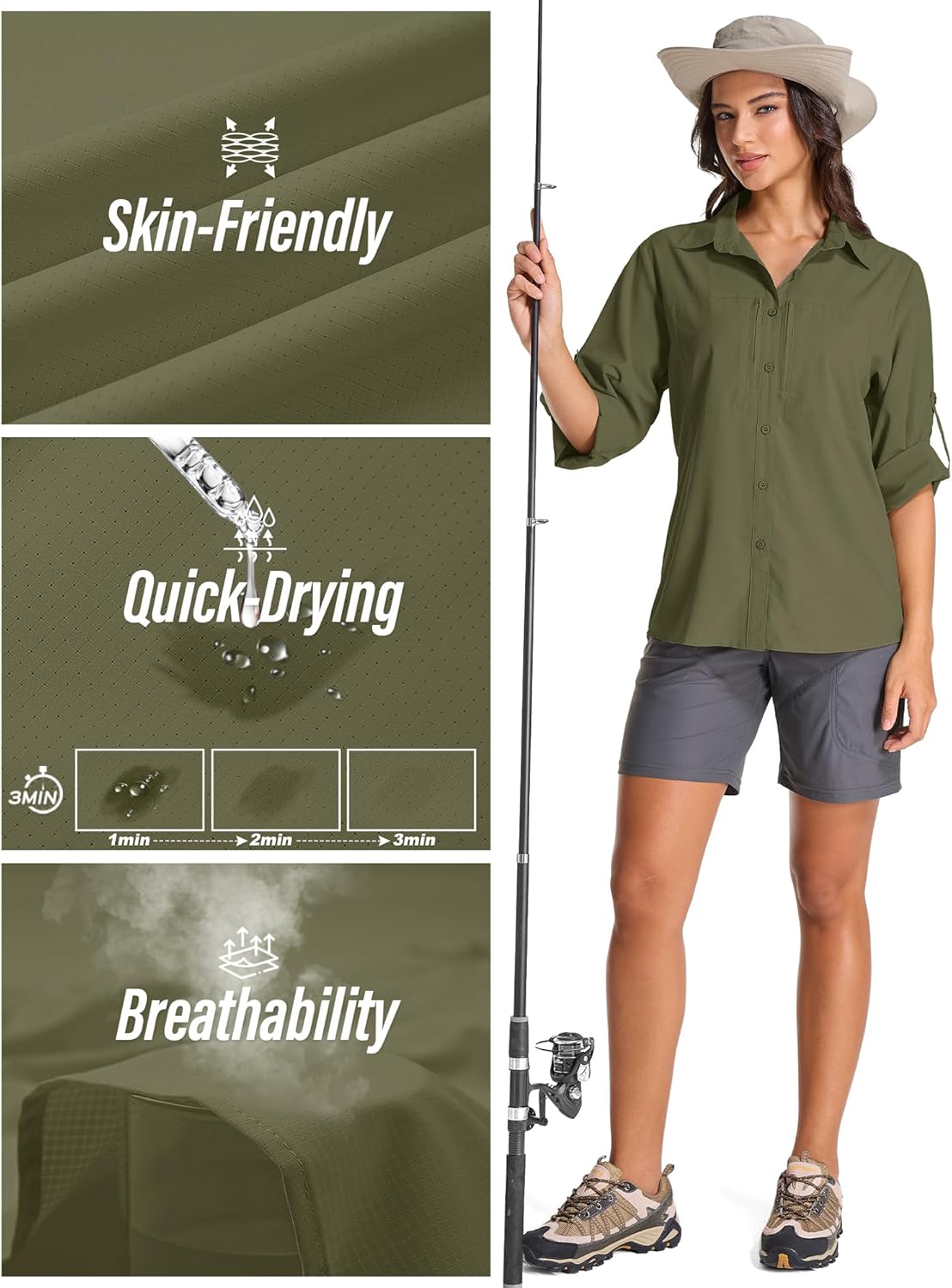 Womens UPF 50 Long Sleeve Sun Shirt Safari Hiking Quick Dry UV Protection Button Up Travel Shirt for Fishing Gardening Africa - Image 3