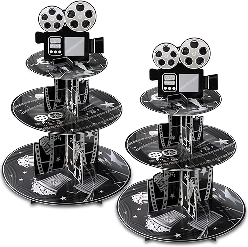 Miniatura 1 de Colarr Paquete de 2 decoraciones de fiesta nocturna de película, soporte para cupcakes de 3 niveles, soporte de cartón para cupcakes, torre de cine,
