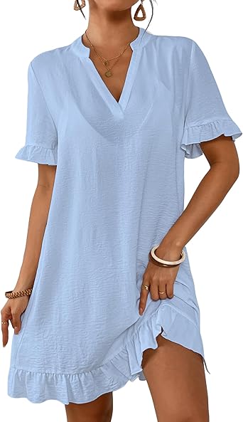 Bsubseach Womens Swimsuit Cover Up Shirt Ruffle Short Sleeve Bathing Suit Coverups V Neck Flowy Ruffled Beach Bikini Dress