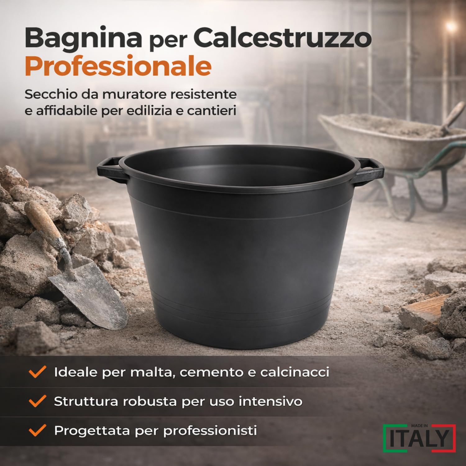 MOHOME Mastello Multiuso PVC Secchio Nero Made in Italy Cassa Macerie Malta Calcinacci Tinozza per Edilizia Set da 10 Capacità 45 Litri Impilabile Doppio Manico Resistente Cantiere Giardino Casa