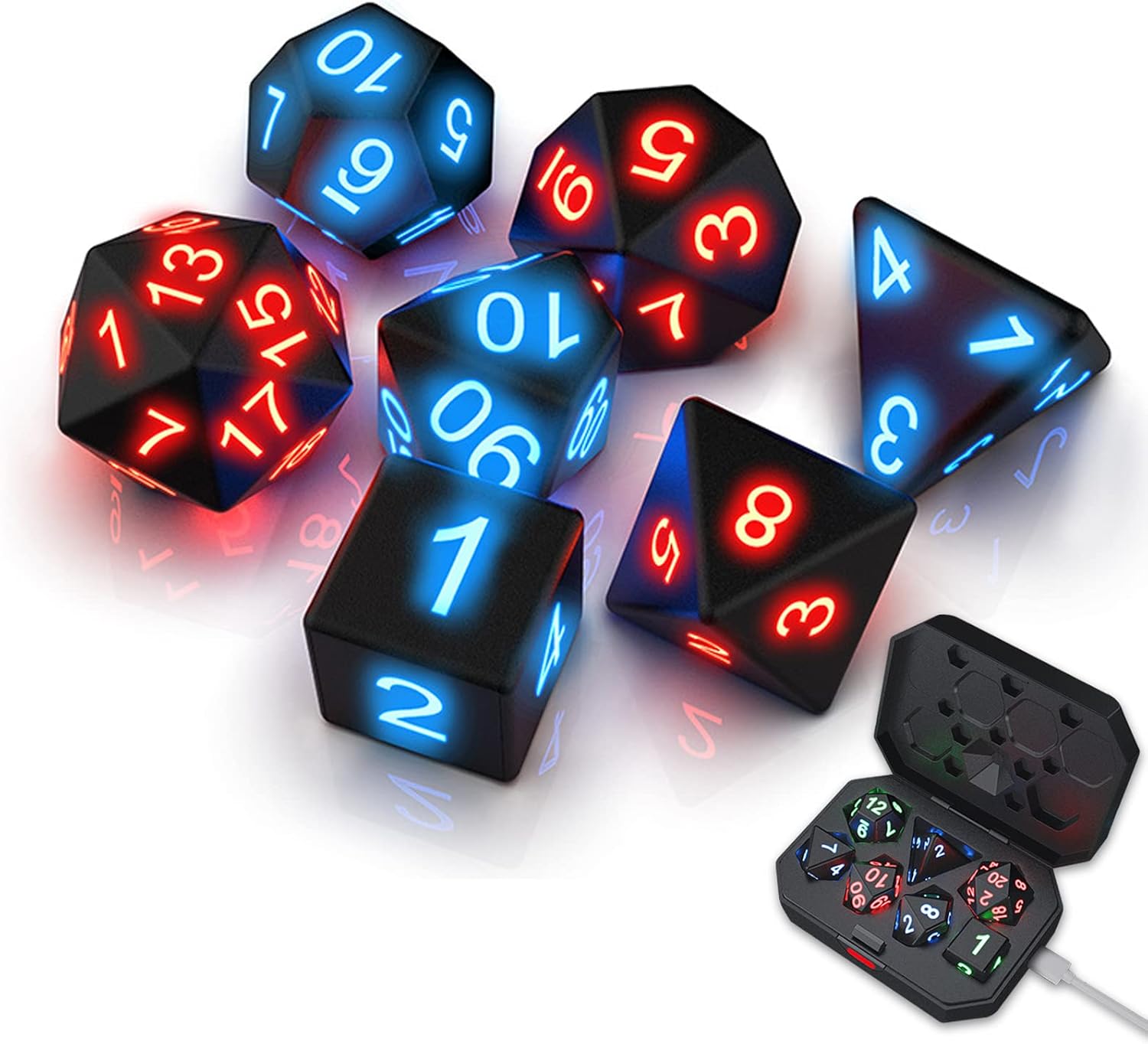 Glowing Dice Set, 7Pcs Light Up Dice Polyhedron with Charging Box, USB
