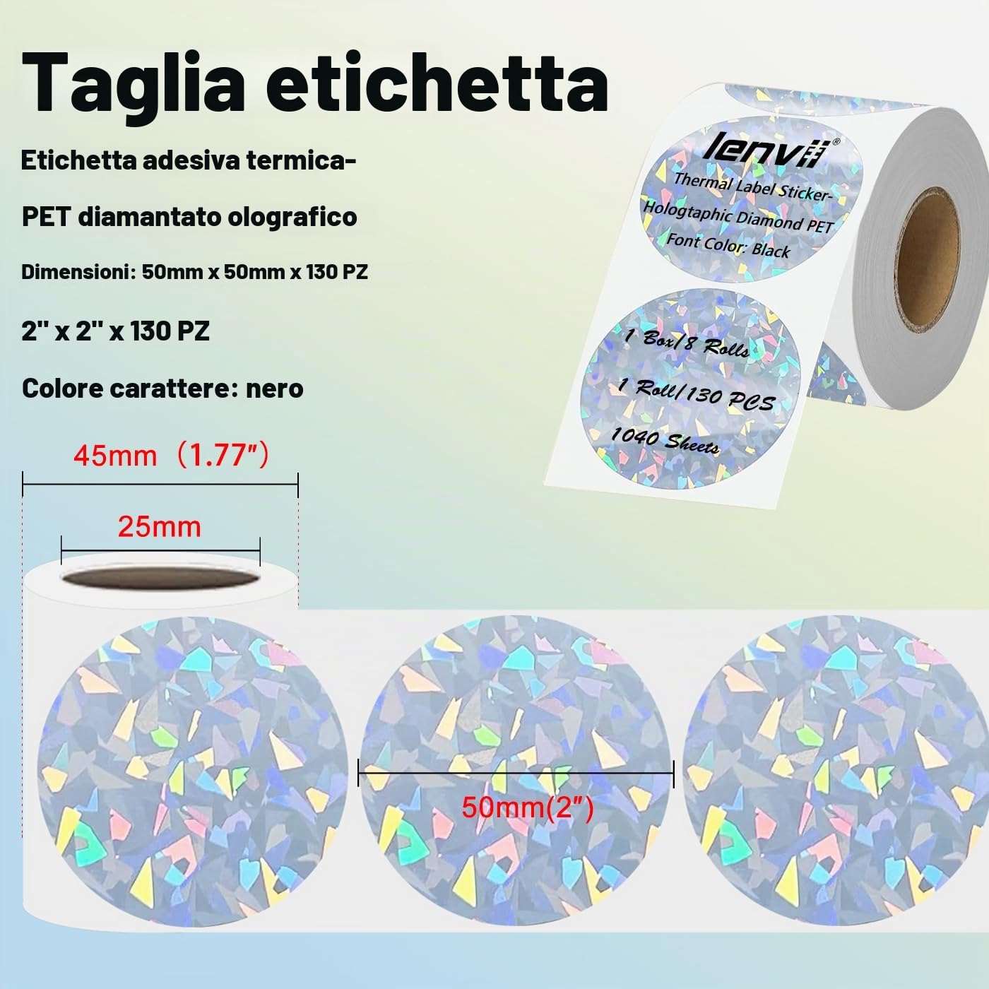 LENVII Argentate 50x50 mm Rotonde Etichetta Termica(Motivo Diamante)1040 pz | Olografiche Argento Etichetta, 8 Rotoli × 130,Resiste a Atrappi,Acqua,Olio,Graffi,Stampa Nitida e forte Adesione,per Termiche