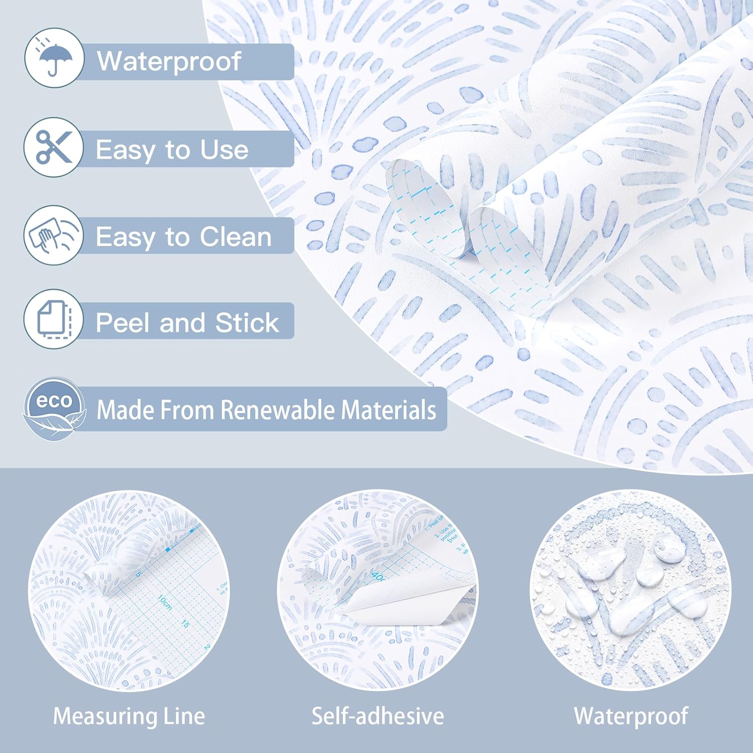 Safiyya Peel and Stick Wallpaper Boho Contact Paper 17.3"x 393" Blue and White Modern Wall Paper Self Adhesive Removable Wallpaper for Bedroom Vinyl Rolls