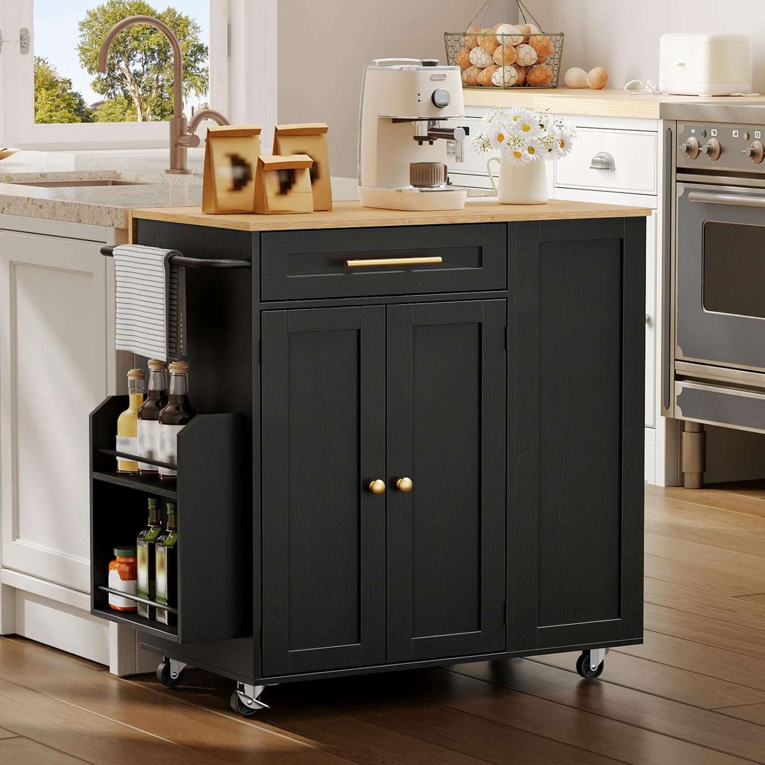 Kitchen Island with Storage, Rolling Kitchen Table with Drop Leaf, Charging Station, 3 Open Adjustable Shelf & Drawer, Towel Rack, Mobile Kitchen Cart for Dining Room, Black and Natural