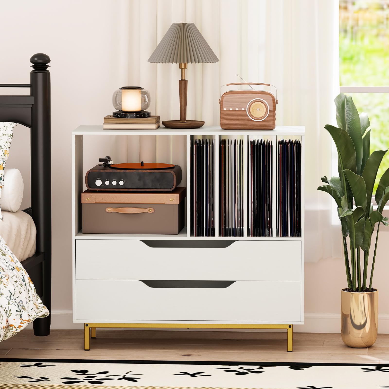 COSTWAY Plattenspielerständer, Mittelalter Plattenspielertisch mit offenem Fach, 4 Vinyl-Fächern & 2 Schubladen, Schallplattenschrank mit Vinylaufbewahrung für Wohnzimmer & Schlafzimmer (Weiß)