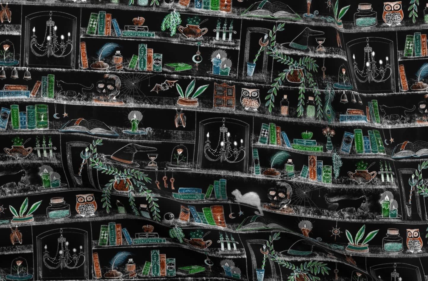 Spoonflower Fabric - Witch Bookshelf Halloween Library Goth Night Magic Printed on Organic Cotton Sateen Fabric by The Yard - Sewing Quilting Apparel Home Decor