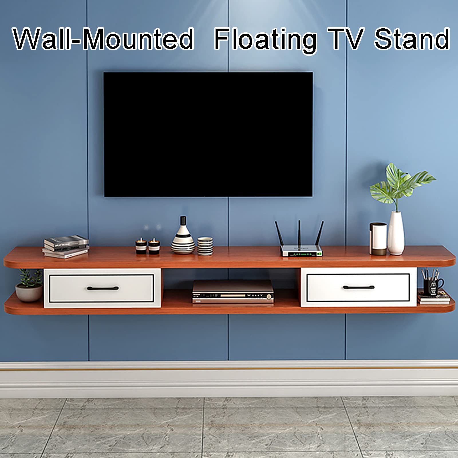 Mensola TV sospesa, Supporto TV sospeso a Parete con cassetto - Elegante mensola da Appendere al Muro per Console Audio/Video, Console di Gioco, decoder e Router.