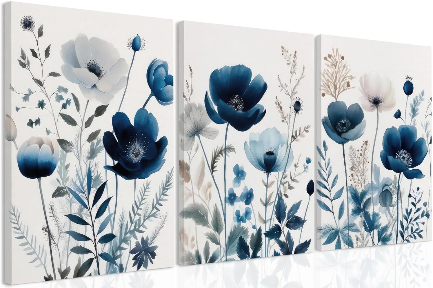 DUWQU 3 Pcs Blue Floral Canvas Wall Art, Elegant Navy Blue Wildflower Lily Daisy Art Wall Decor, Watercolor Botanical Flower Home Poster Art Prints for Living Room Bedroom Bathroom 16×24 Inches 24L" x 16W" Blue Flower (Wrapped Canvas)