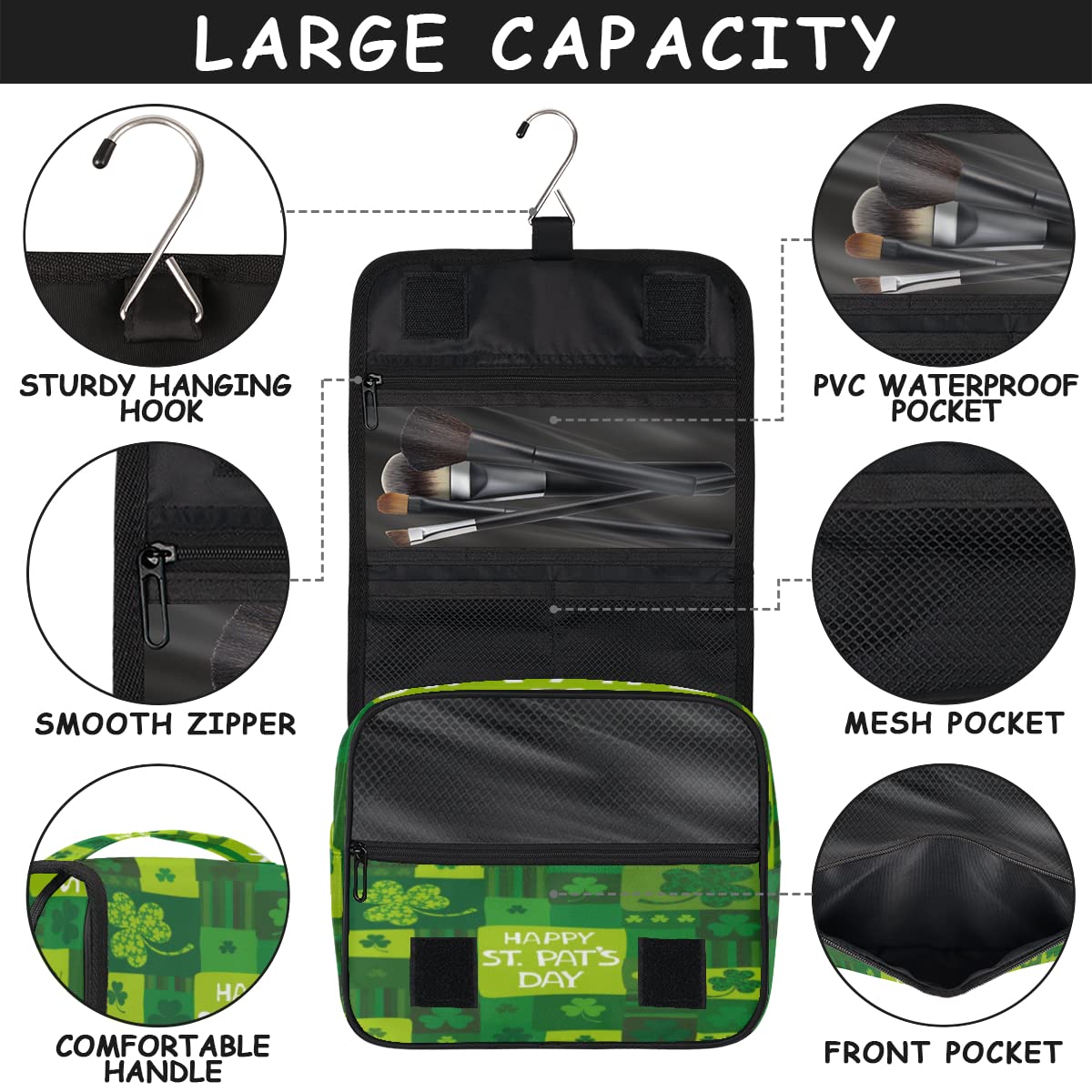 Happy St Patricks Day Podróżna kosmetyczka Patryka Dzień Mycie Torba Unisex Wiszące przybory toaletowe Kosmetyczka Organizer do makijażu, wielobarwny, Jeden rozmiar