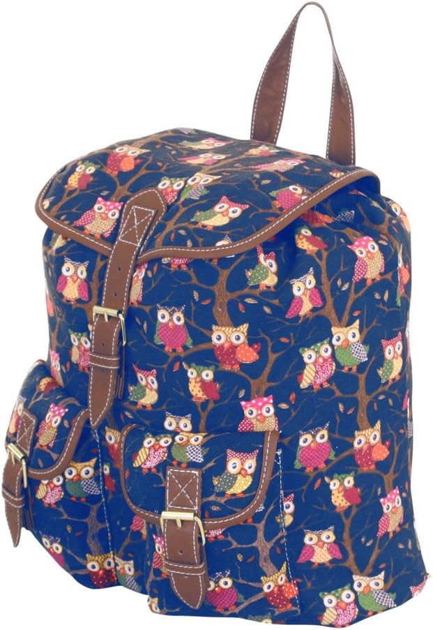 More4bagzLadies Womens Owl Fox Horse Canvas Rucksack Backpack Shoulder School College Gym Bag W Faux Leather Trim