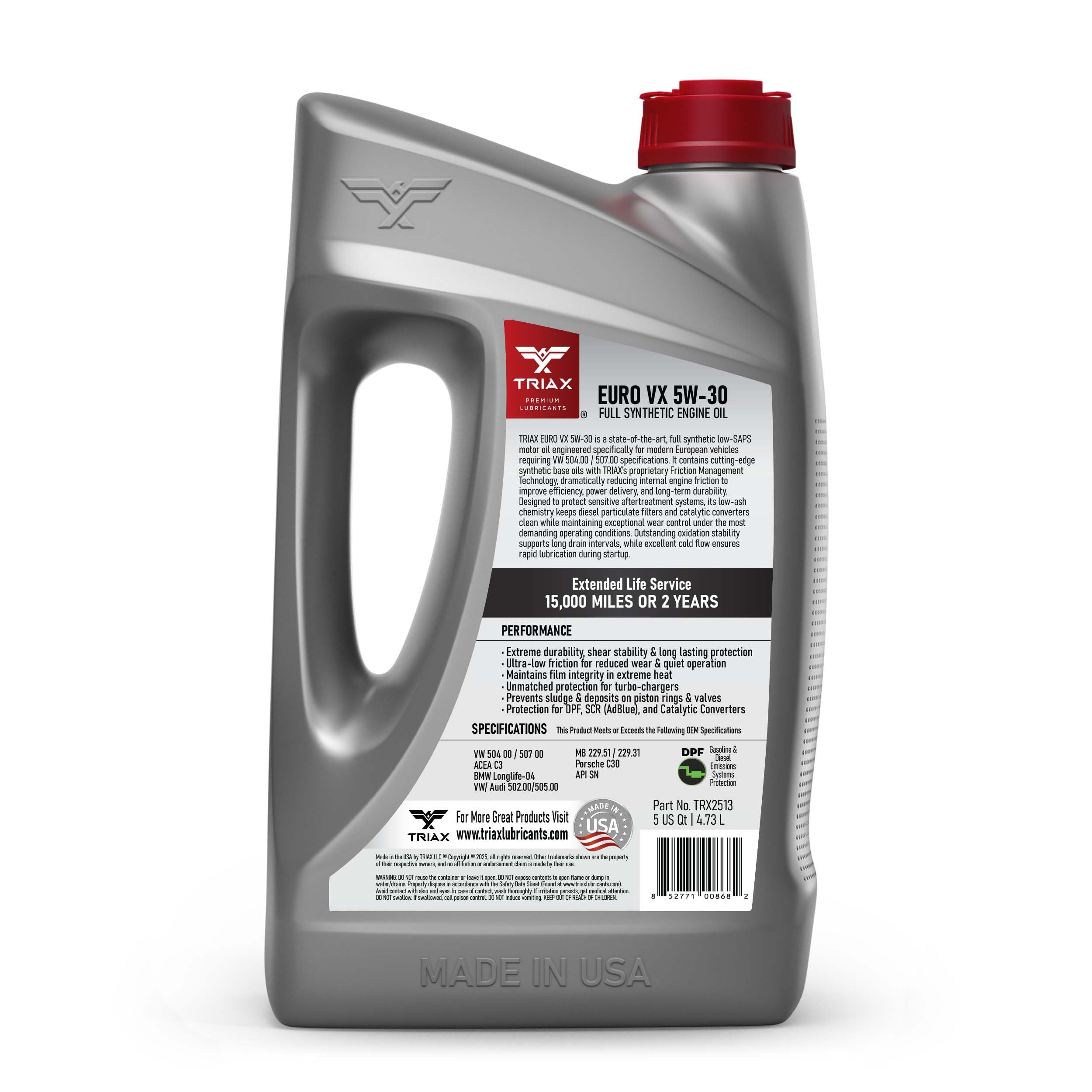 TRIAX Euro VX SAE 5W-30 Olio Motore Sintetico PAO Ester - Motori Benzina e Diesel con DPF e SCR ACEA C3 API SP VW/Audi 504.00 507.00 502.00 505.01 BMW LL-04 MB 229.51 229.31 Porsche C30