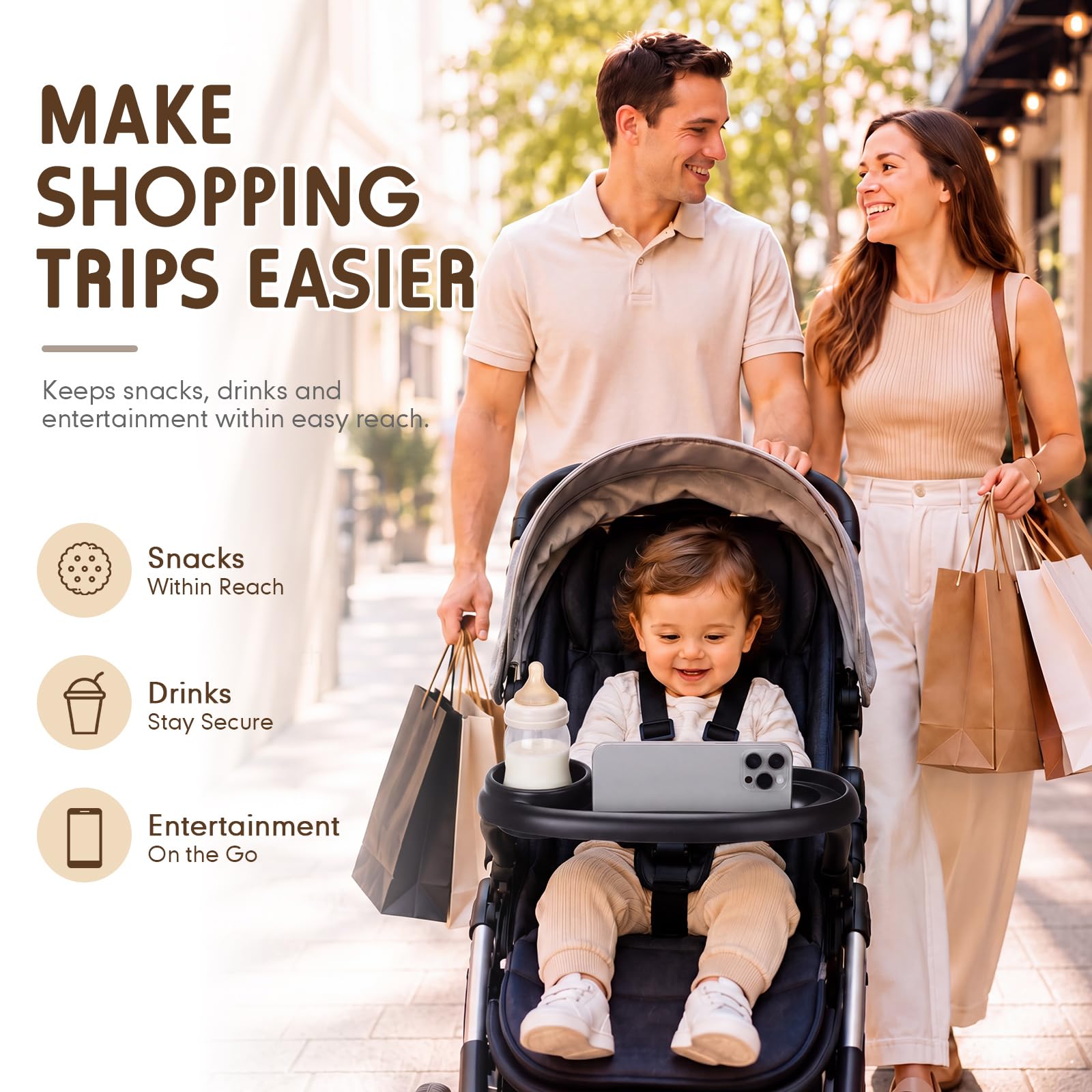 Tallew 2 vassoi universali per snack per passeggino con portabicchieri per telefono 3 in 1, attacco per passeggino con impugnatura in silicone, accessori per passeggini per bambini, snack, passeggiate