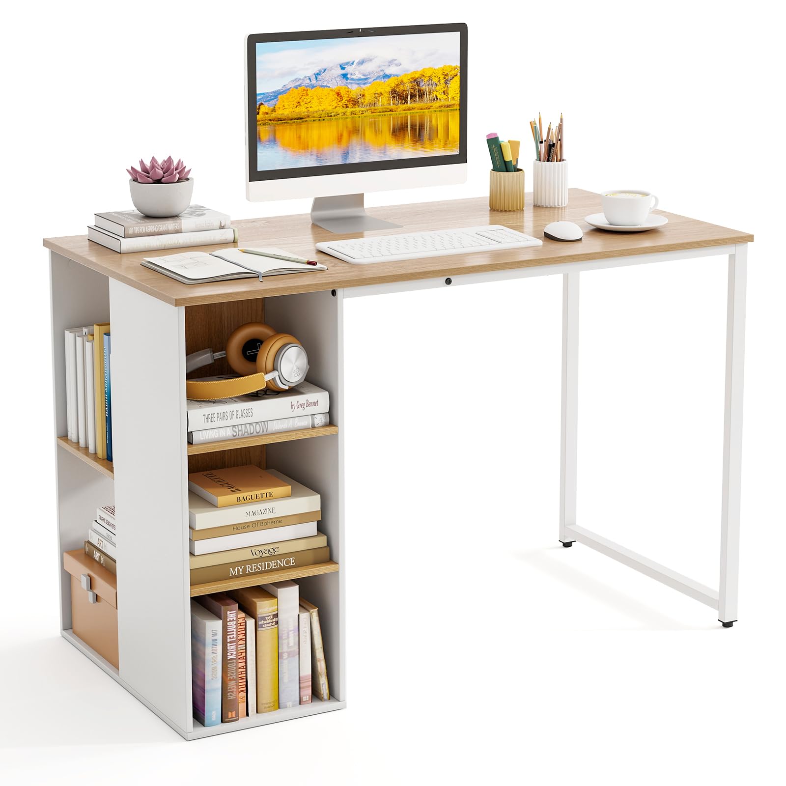 FANTASK Scrivania, 115 x 59 cm, scrivania per computer con vano portaoggetti e telaio in metallo, moderno tavolo da ufficio con 5 ripiani, tavolo per PC per camera da letto, studio (naturale + bianco)