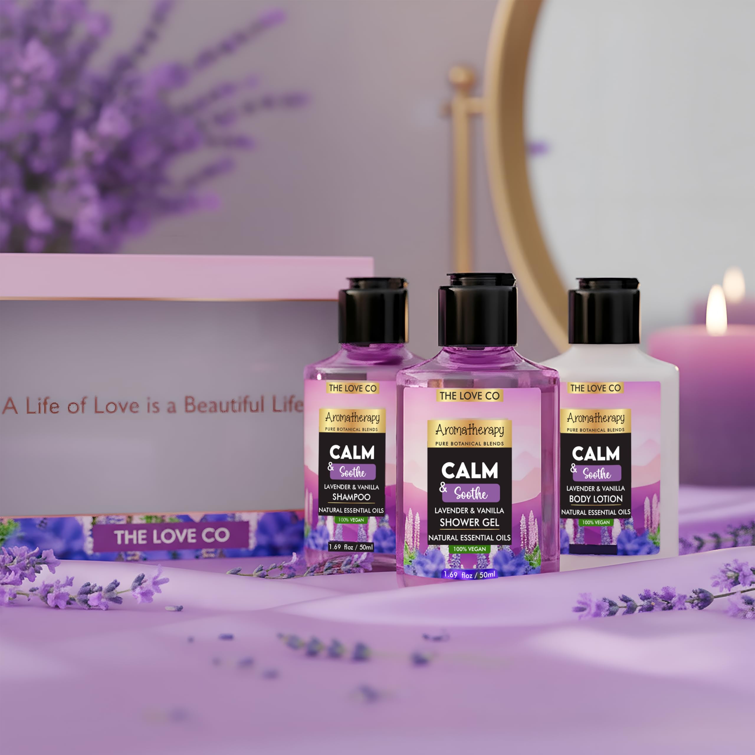THE LOVE CO. Calm & Soothe Gift Collection Kit | Indulge in Travel Pack Shower Gel, Body Lotion & Shampoo | Ideal Birthday & Special Occasion Hamper - Pack of 3-image-19