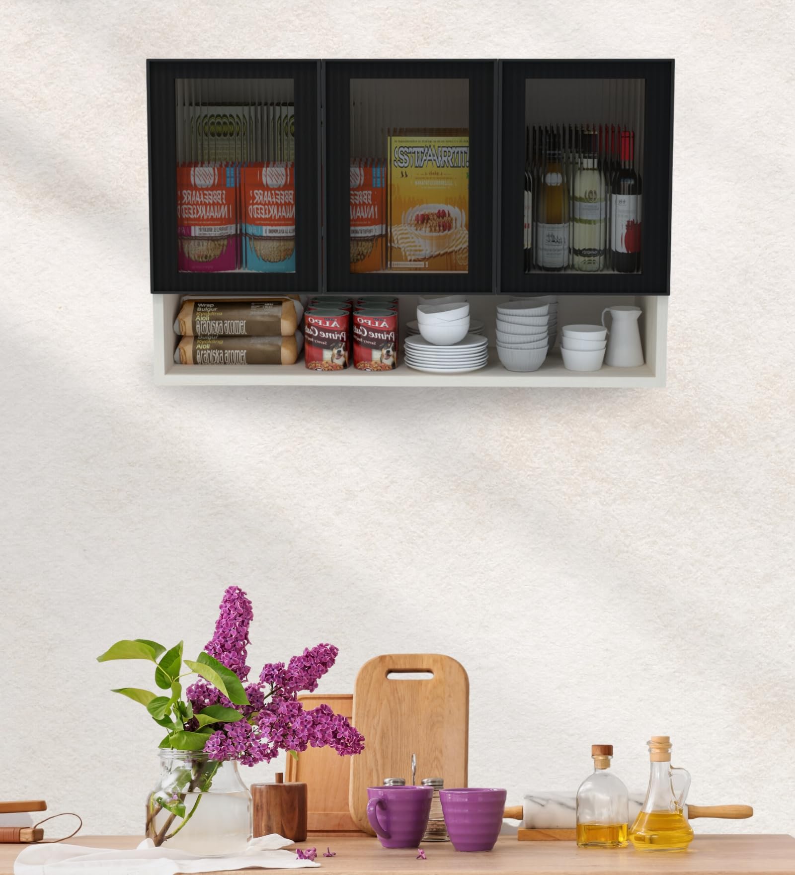 SPECIALITY PANELS Aluminium Black Profile 2 Fluted Tinted Glass Handless Shutter Wall Cabinet with Space Organizer Wall Mounted Kitchen Storage Cupboard Modern Kitchen Furniture Unit (Highland Pine)-picture-20