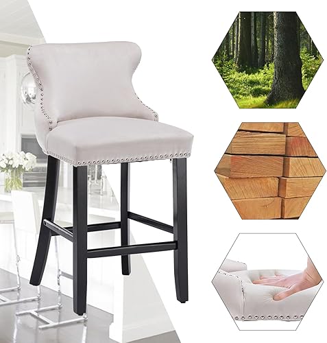 Miniatura 5 de Magipa Taburetes de bar de altura de mostrador, patas de madera maciza, silla de bar tapizada de terciopelo con respaldo de ala copetuda y ribete de