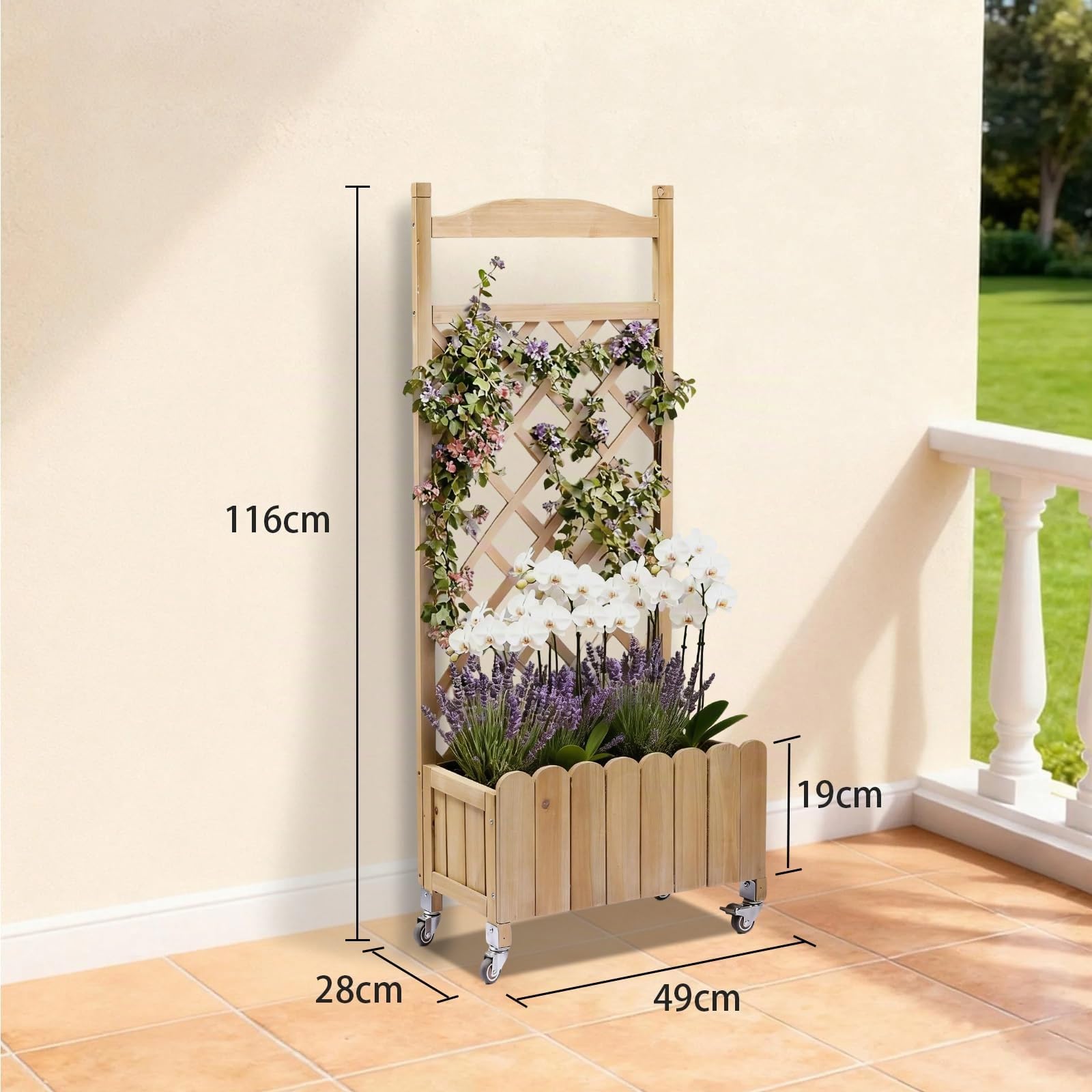 Fioriera in legno con grigliato e ruote, rialzata, resistente alle intemperie con fori di drenaggio, per giardino, balcone e terrazza, 49 x 28 x 116 cm – Marrone chiaro