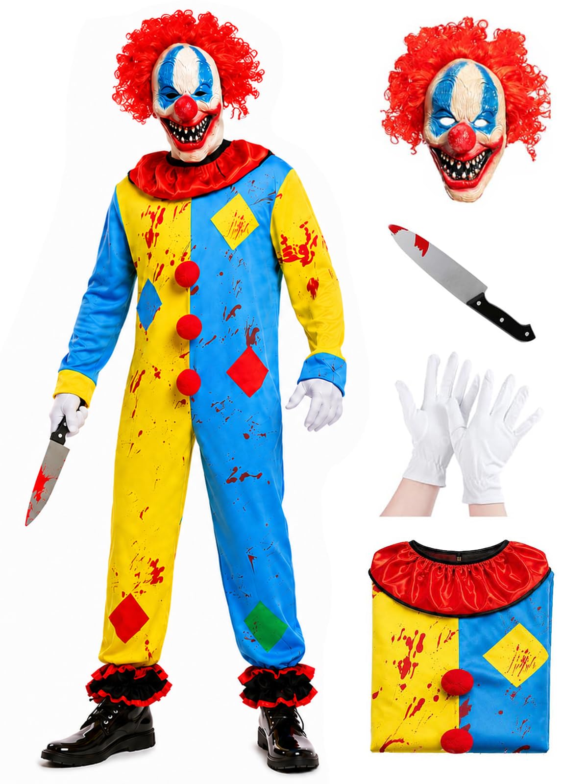 ZZXIAOJIE 4Pcs Adult Scary Clown Costume Killer Jumpsuit Mask Outfit