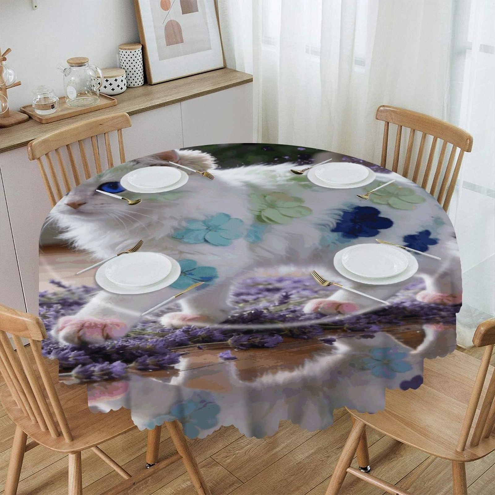 Khauerbc Style Flower Cat Round Tablecloths,Spill Proof,Polyester Fabric Washable Table Cloth Cover For Dining Wedding And Outdoor,Soft Toching And Easy Clean